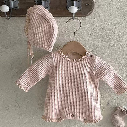 Baby Girl Solid Color Waffle Pattern Lace Design Long Sleeves Triangle Bodysuit-3