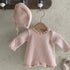 Baby Girl Solid Color Waffle Pattern Lace Design Long Sleeves Triangle Bodysuit-3