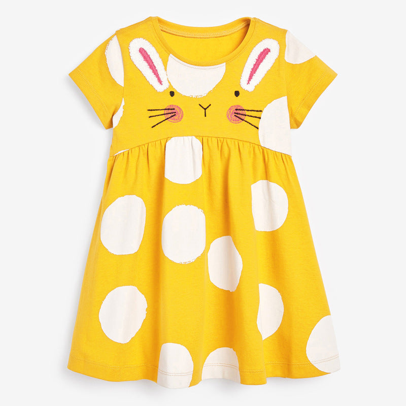 Baby Kids Girls Crew Neck Polka Dots Rabbit Design Short Sleeves Dress-0