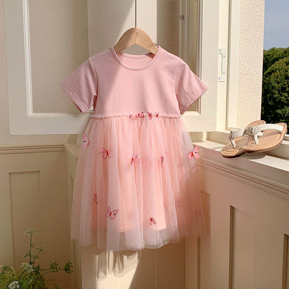 Summer Baby Kids Girls Princess Crew Neck Short Sleeves 3D Butterfly Mesh Patchwork Dress-1