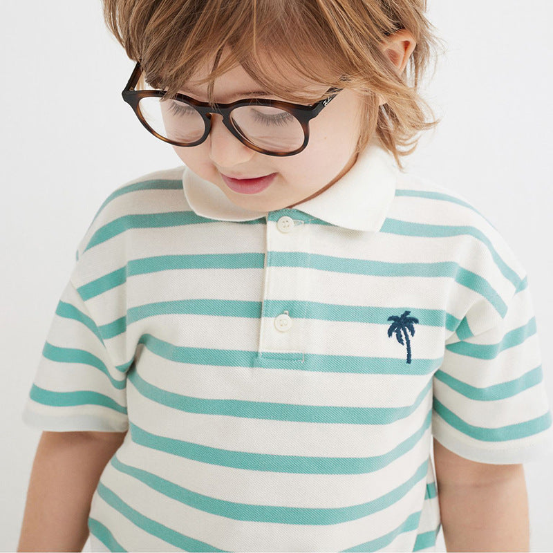 Baby Kids Light Blue Striped Short Sleeves Polo Shirt-2