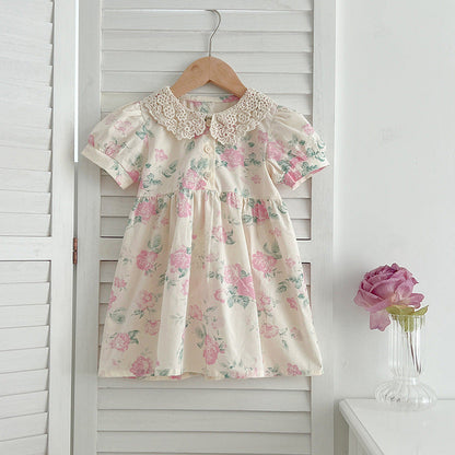 Summer Girls Floral Pattern Hollow Out Peter Pan Collar Short Sleeves Onesies And Girls’ Dress – Princess Sister Matching Set-3