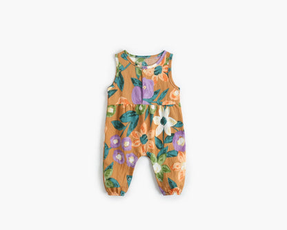 Baby Girl Floral Print Pattern Buttoned Design Sleeveless Rompers-4