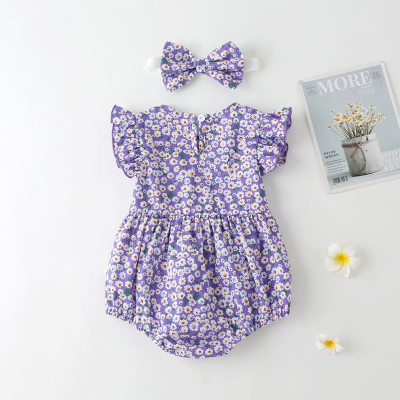 Baby Girl Floral Print Onesies With Headband In Summer Outfit Wearing-1