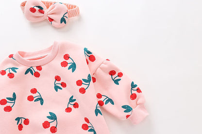 Baby Girl Allover Cherry Pattern Lantern Sleeves Triangle Bodysuit Onesies-2