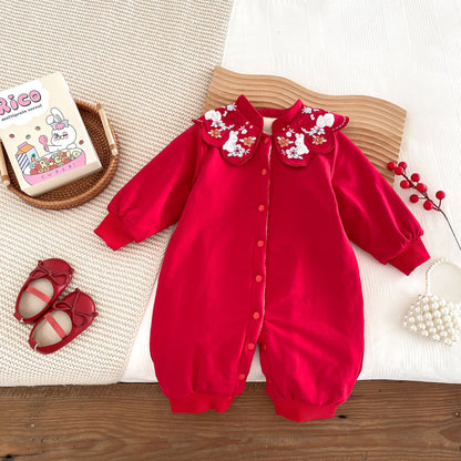 Infant Baby Girls Thick Warm Long Sleeve Rabbits Floral Knitted Round Collar Red Romper-2