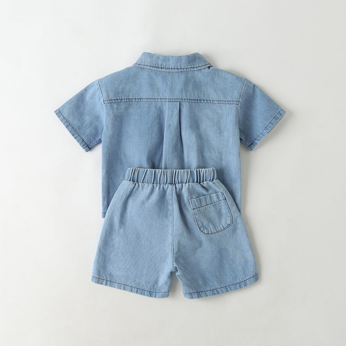 Baby Solid Color Butoon Front Denim Shirt Combo Shorts Sets In Summer-3