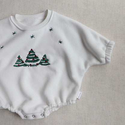 Baby Christmas Tree Embroidered Pattern Long Sleeve Fleece Winter Onesies-3