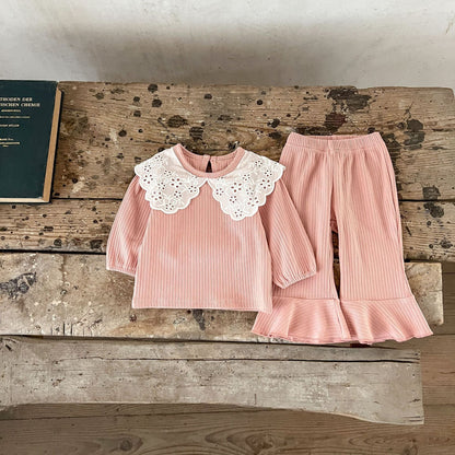 Spring Baby Kids Girls Hollow-Out Collar Top And Flared Pants Clothing Set-3