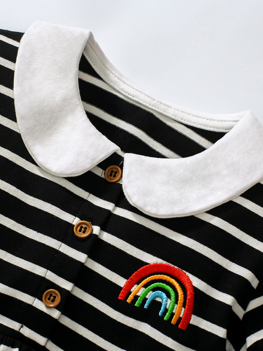 Baby Girls Peter Pan Collar Short Sleeves Striped Rainbow Logo Dress-3