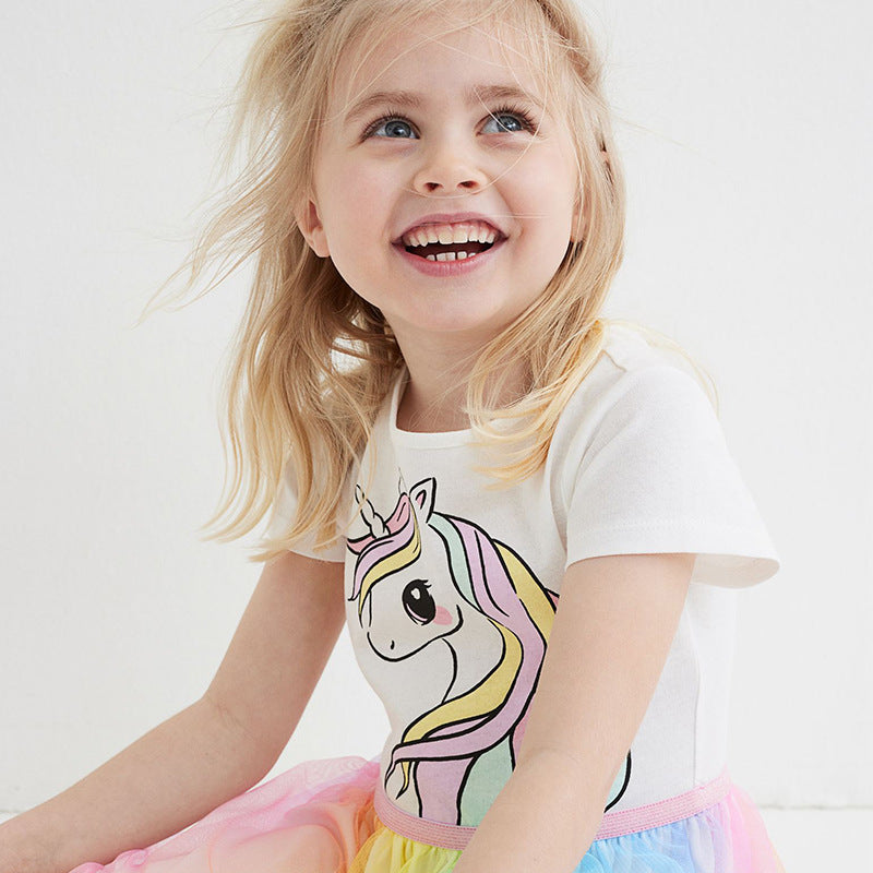 Baby Girls Short Sleeves Unicorn Printing Tulle Dress-2