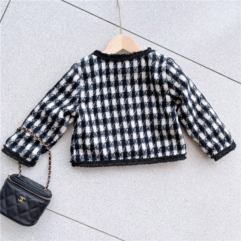 Girls Houndstooth Pattern Single Breasted Cardigan&amp;Skirt Elegant Style Sets-3