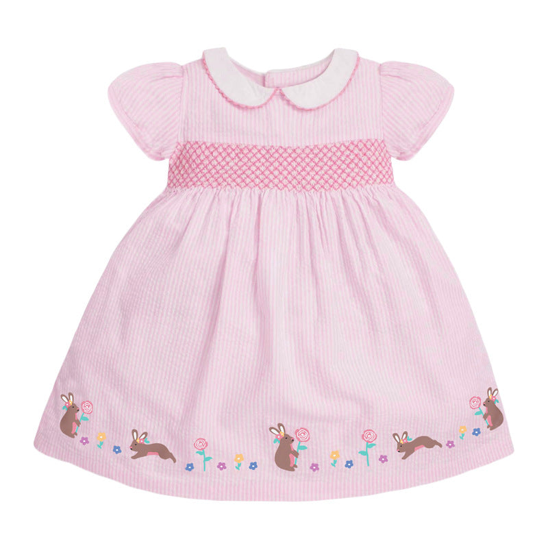 Baby Kids Girls Pink Short Sleeves Dress With Rabbits And Flowers Pattern-0