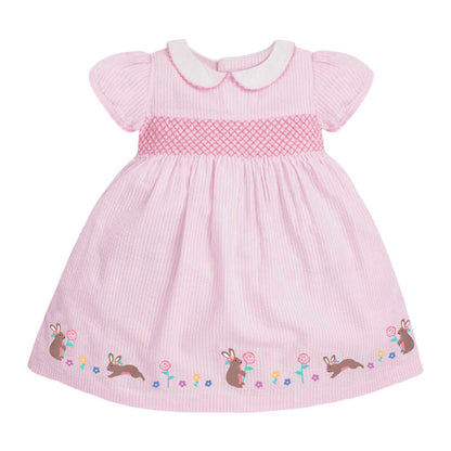 Baby Kids Girls Pink Short Sleeves Dress With Rabbits And Flowers Pattern-0