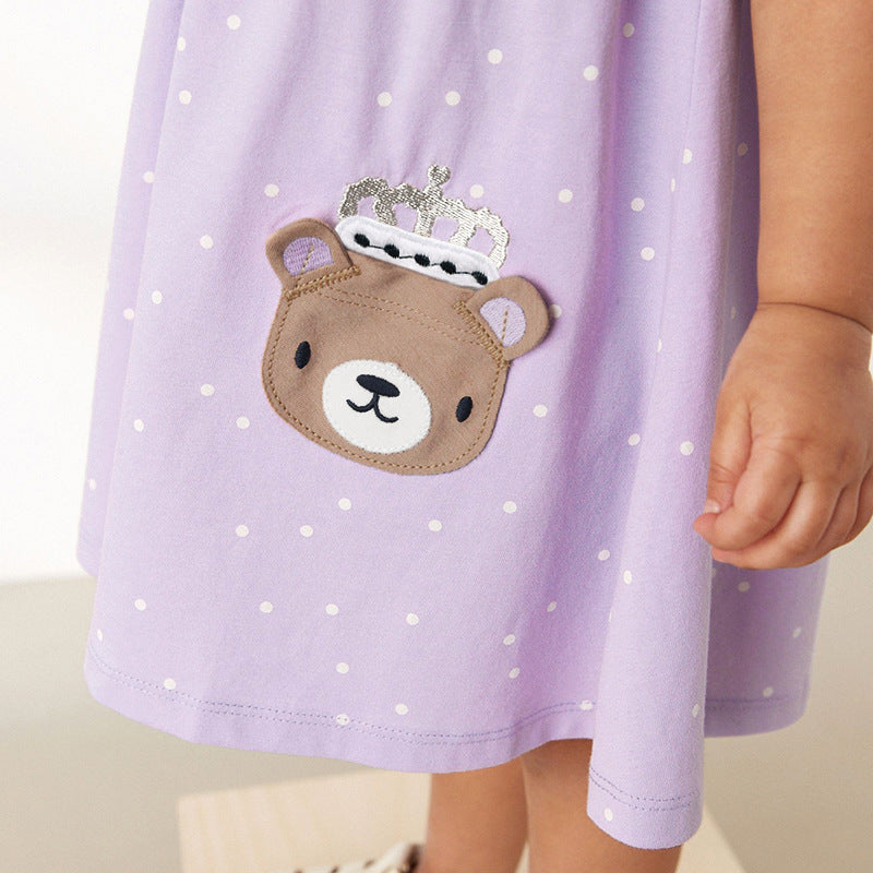 Summer Baby Kids Girls Short Sleeves Purple Dress With White Dots-3