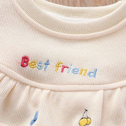 Baby Girl Fruit Embroidered Graphic Ruffle Design Corduroy Fabric Pullover Cute Hoodies-3