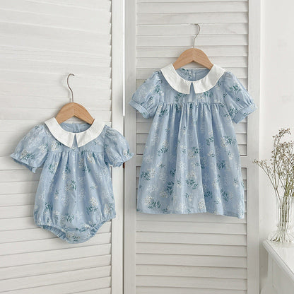 New Arrival Summer Girls Peter Pan Collar Short Sleeves Onesies And Dress – Princess Sister Matching Set-2