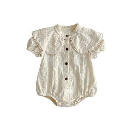 Summer New Arrival Baby Girls Beige Short Sleeves Flowers Embroidery Onesie-2