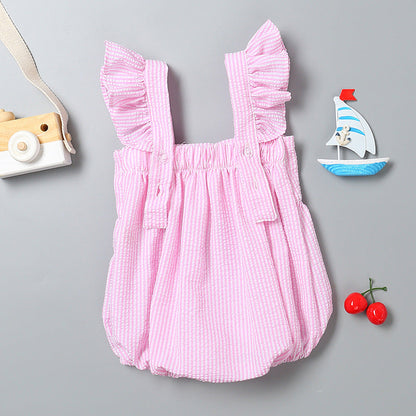 Baby Girl Striped Pattern Ribbon Patchwork Ruffle Cuff Design Sleeveless Onesie-3