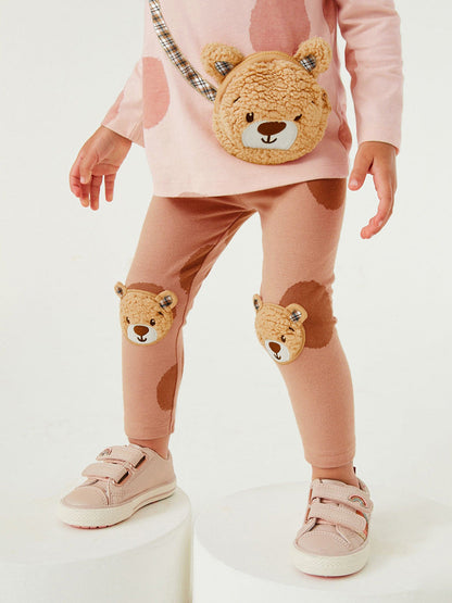 Spring Girls Teddy Bear Pocket Bag Top Sweatshirt And Pants 2-Piece Set-3