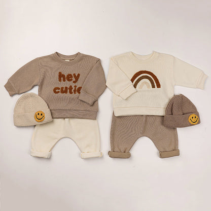 Baby Rainbow &amp; Letter Graphic Hoodies And Pants Sets-2