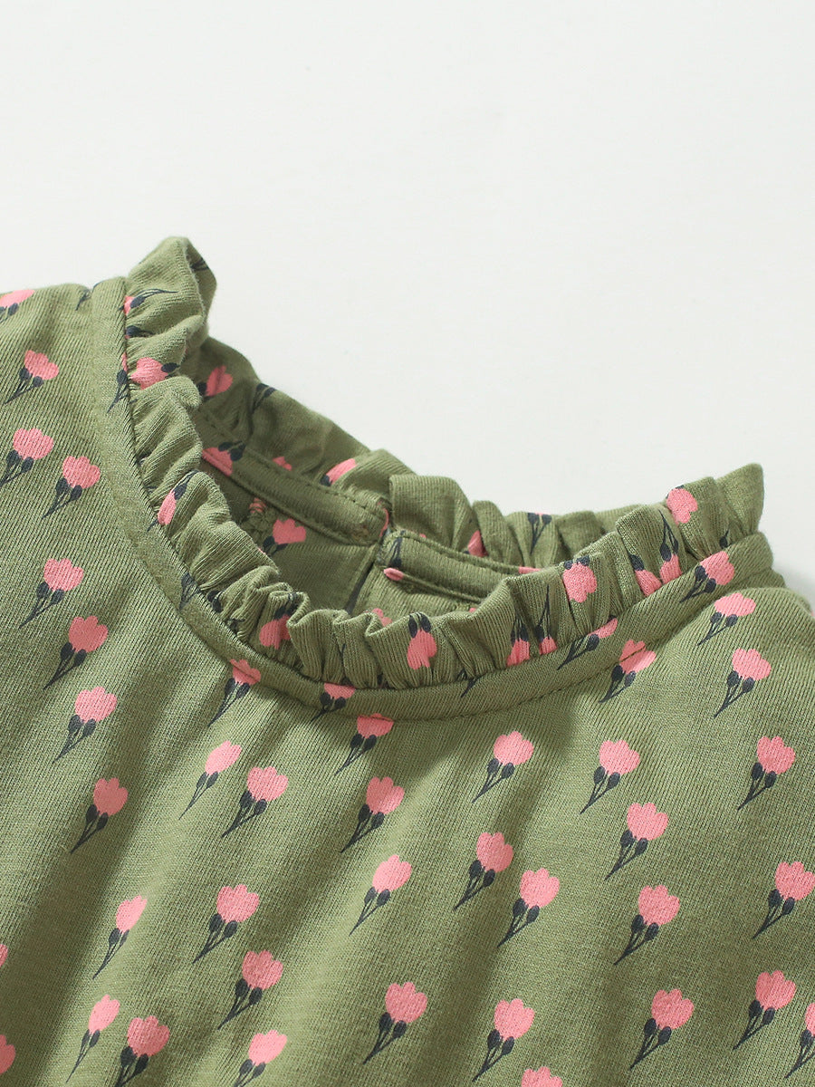 Baby Girls Flowers Print Army Green Sleeveless Dress-3