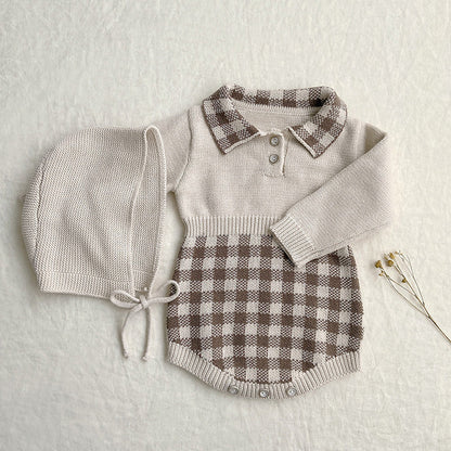 Baby Checkerboard Pattern Polo Neck Knit Warm Onesies-3