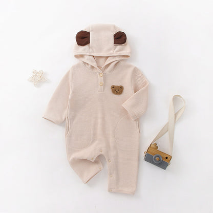 Baby Cartoon Bear Embroidered Pattern Waffle Fabric Long Sleeve Romper-3