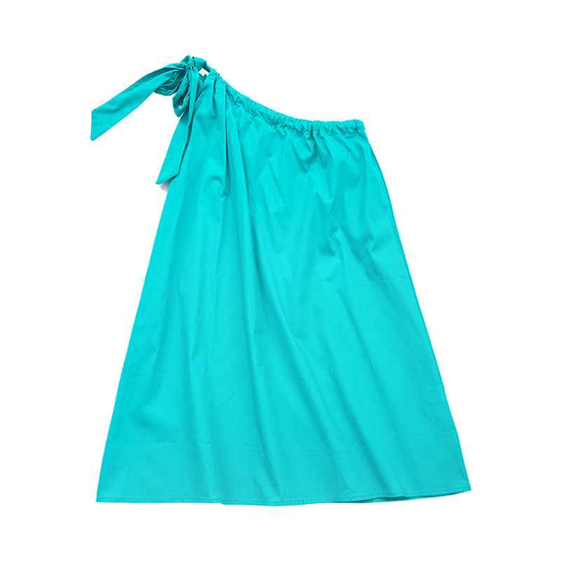 Girl Solid Color Single Shoulder Sling Design Vacation Dress-3