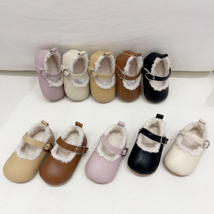 Ins Infant Baby Girl Solid Color Plush Warm Anti-Slip Shoes In Winter-2