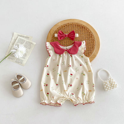 Hot Selling Summer Baby Kids Girls Floral Pattern Sleeveless Red Collar Romper-2