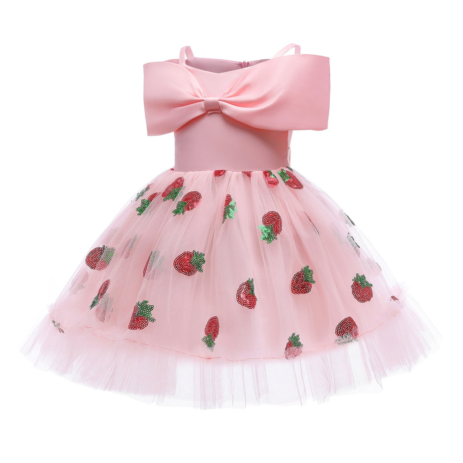 Baby Girl Strawberry Sequins Pattern Bow Tie Design Sling Tutu Formal Dress-3