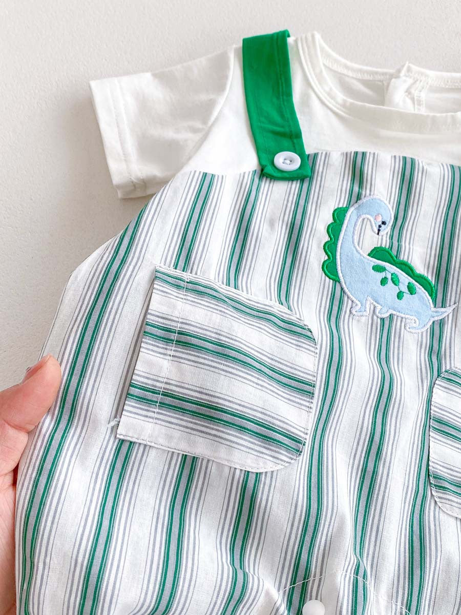 New Design Summer Baby Unisex Green Striped Sleeveless Overalls Onesies And Short Sleeves T-Shirt Clothing Set-3