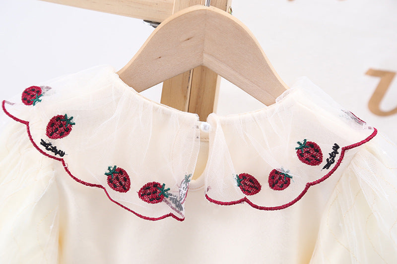 Baby Girl Strawberries Embroidered Graphic Doll Neck Puff Sleeves Bow Patched Shirt-3