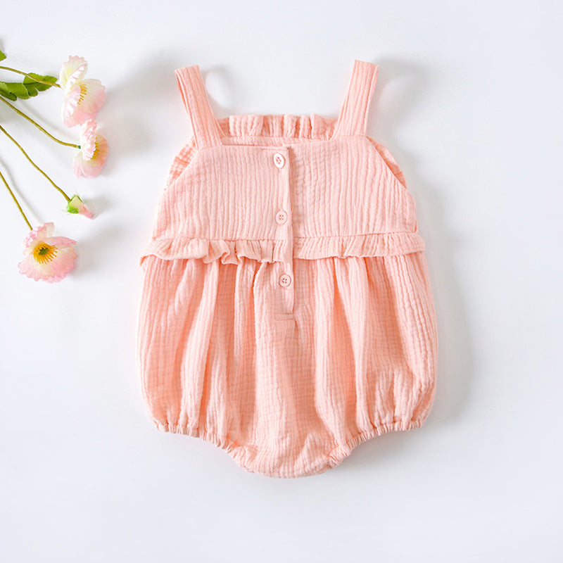 Baby Girl Floral Embroidered Pattern Lace Design Solid Color Sleeveless Onesies In Summer-3