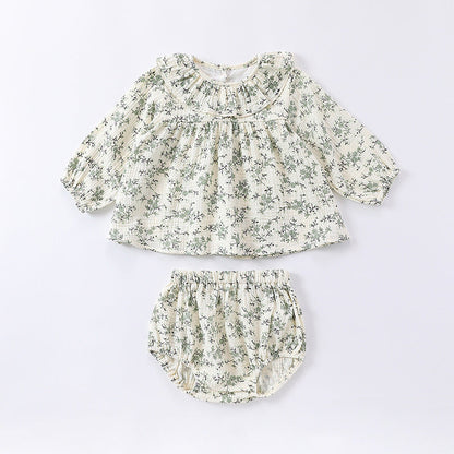 Spring And Autumn Baby Girls Floral Printing Long Sleeves Ruffle Collar Top Shirt And Shorts Clothing Sets-3