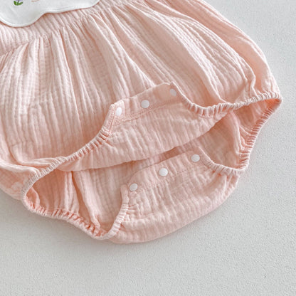 Hot Selling Summer Baby Kids Girls Pink Short Sleeves Fruits Embroidery Collar Onesies-2