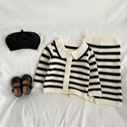 Baby Striped Pattern Lapel Knitted Cardigan With Pants Sets-3