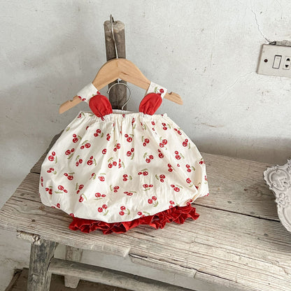 Summer Hot Selling Baby Girls Sleeveless Cherry Print Strap Top And Solid Color Bloomers  Clothing Set-3