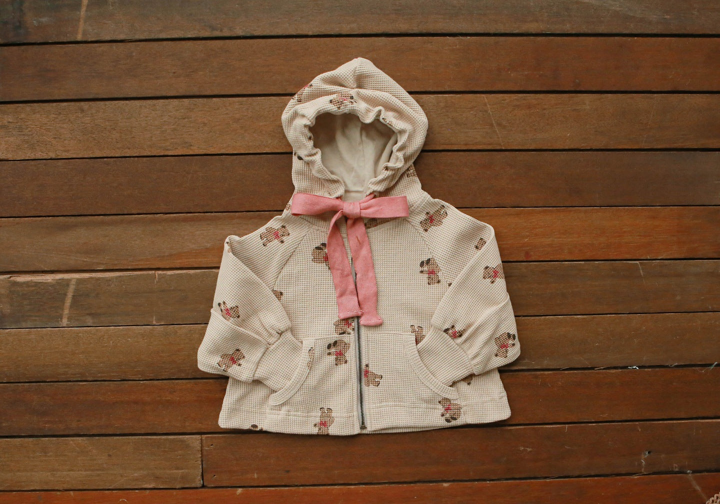 Baby Girl Waffle Knit Fabric Bear Pattern Zipper Jacket Coat-3