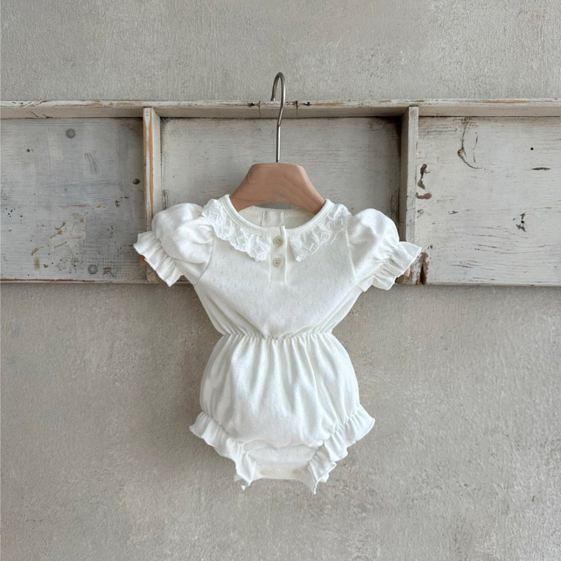 Summer New Arrival Baby Girls Geometric Pattern Collar Short Sleeves Hollow Out Design Onesies-1