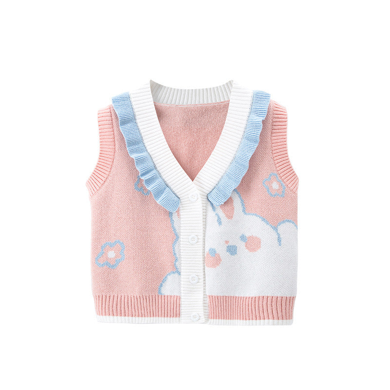 New Arrival Baby Kids Girls Cartoon Rabbit Pattern V-Neck Design Knitwear Pink Soft Vest-0