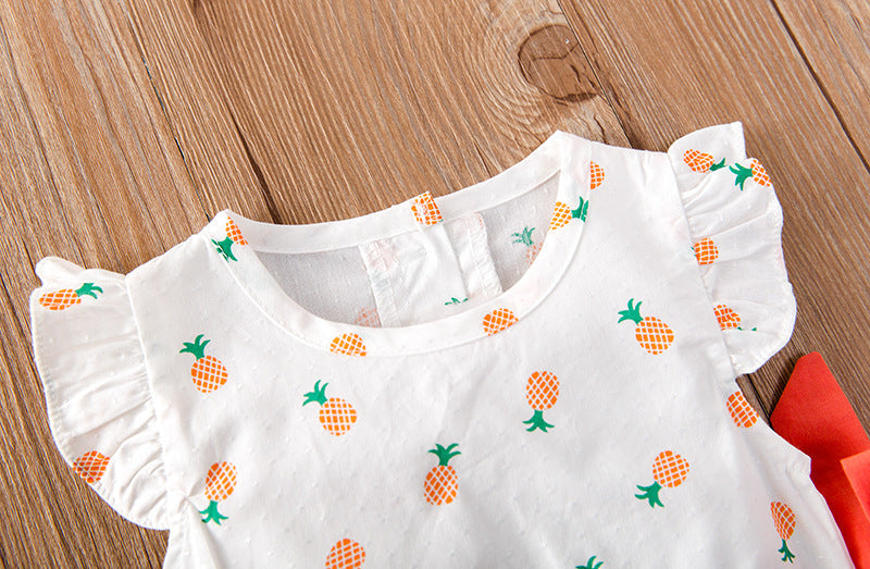 Baby Girl Fruit Print Drawstring Design Round Neck Onesies-3