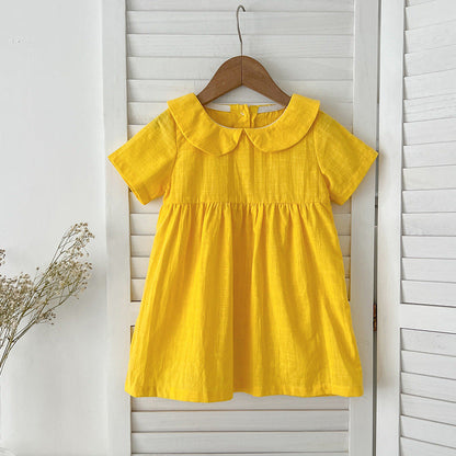 Summer Hot Selling Girls’ Solid Color Short Sleeves Peter Pan Collar Cotton Comfy Dress-2