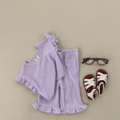 Summer Baby Kids Girls Solid Color Simple Casual Fly Sleeves T-Shirt And Pants Clothing Set-3