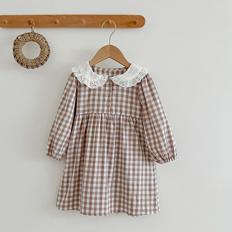 Doll Neck Plaid Pattern Long Sleeve Onesies-2