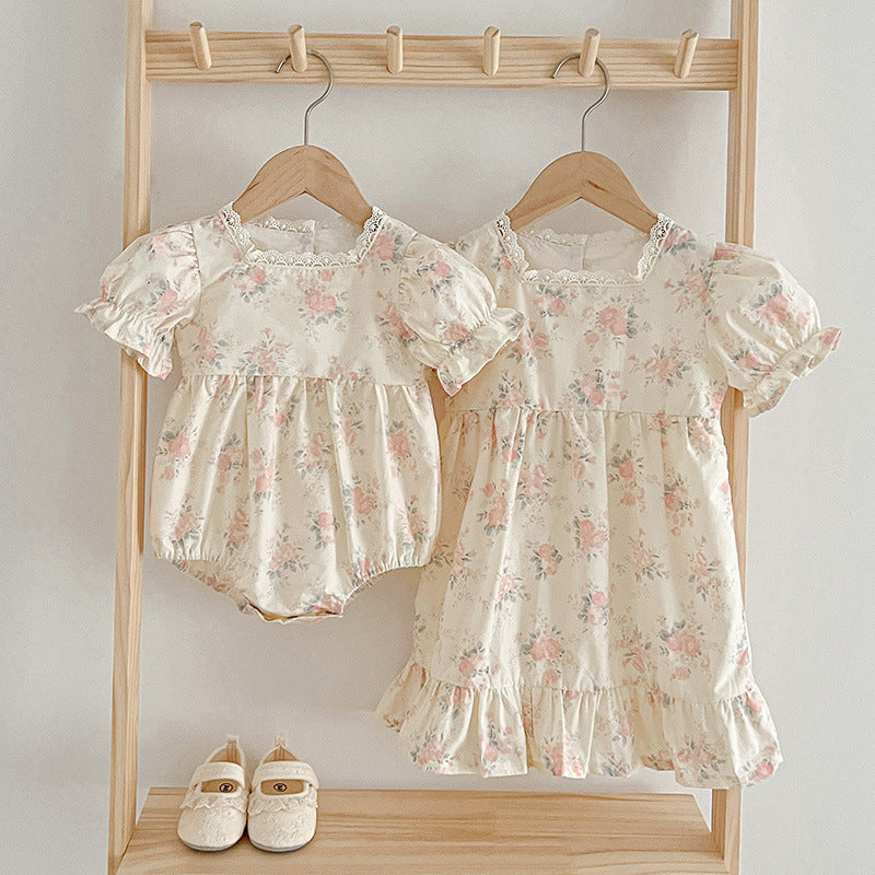 Summer Girls Floral Pattern Square Neck Onesies And Girls’ Dress – Princess Sister Matching Set-3