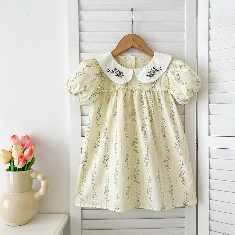 New Design Summer Baby Kids Girls Floral Striped Pattern Short Sleeves Embroidered Onesies And Girls’ Dress – Princess Sister Matching Set-2