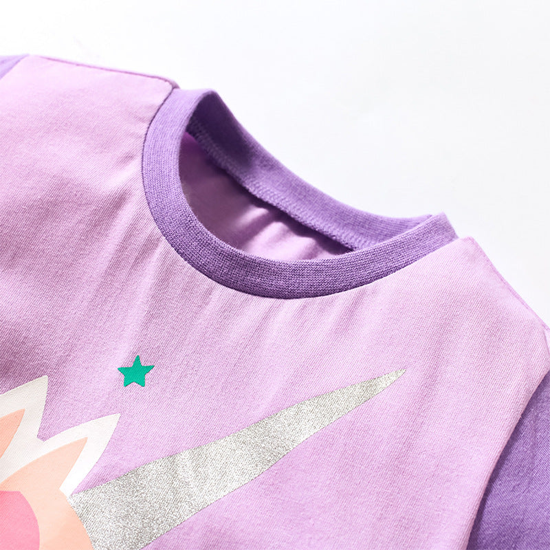 Cute Knit Round Neck Starry Unicorn Cartoon Girls’ T-Shirt In European And American Style For Summer-2