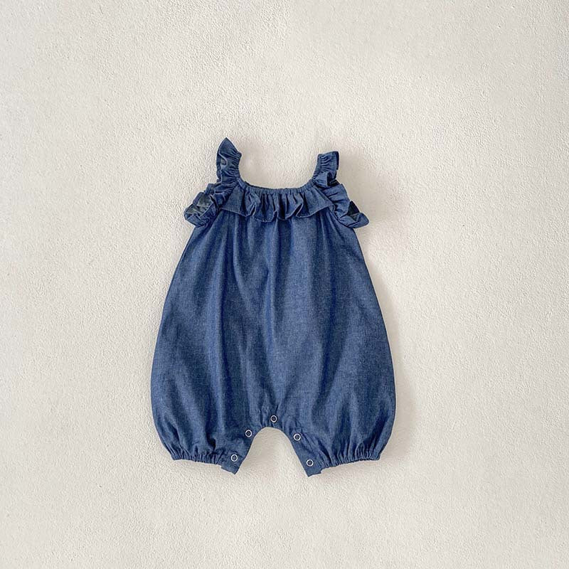 Baby Girl Solid Color Ruffle Design Denim Sleeveless Strap Bodysuit Onesies-3